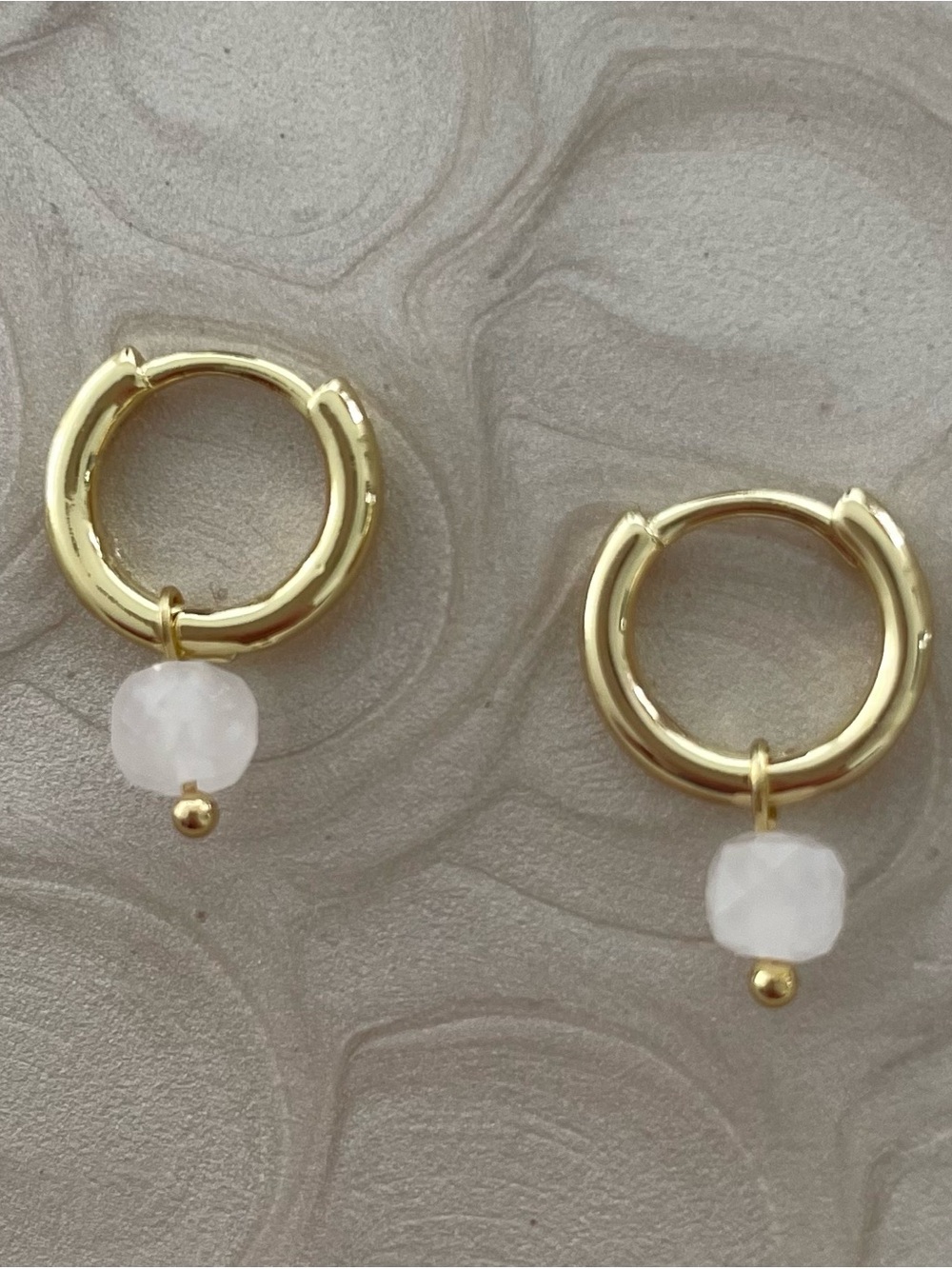 14k Gold Plated Hoop Earrings with Rose Quarts Stone Dangle